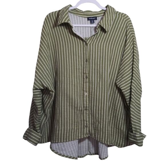 Studio Park x Amy Stran Cotton Gauze Button Front Olive Stripe Top Size 2X - Picture 1 of 10